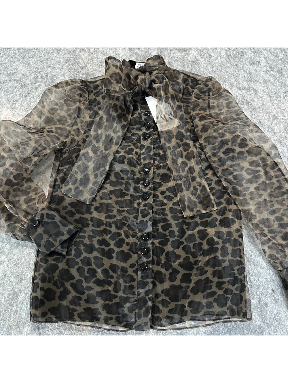 Zara Sheer Leopard Print Bow Blouse Top Brown Office Siren Mob Wife S NWT